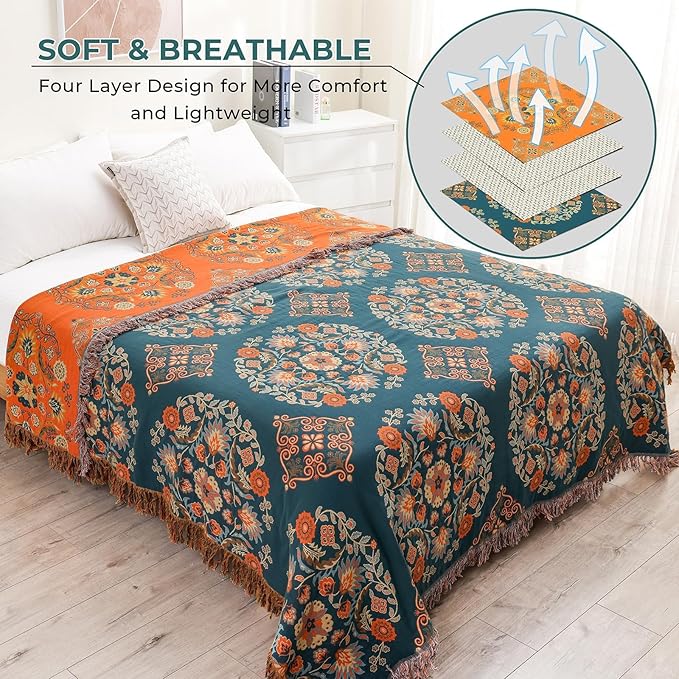 CozyNest Decor fall throw blanket with orange floral print, 100% cotton, lightweight rustic quilt for couch or bed, 60x80 inches.