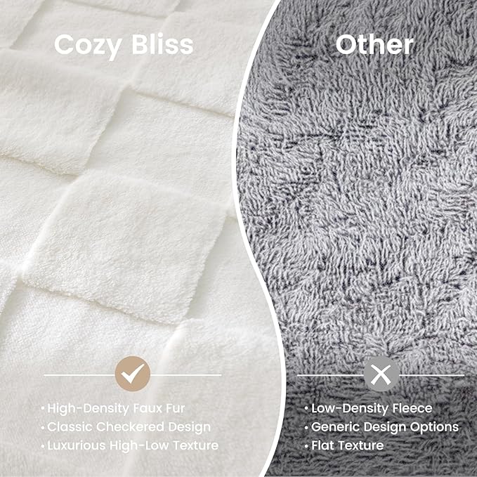 CozyNest Decor white checkered faux rabbit fur twin bed blanket, soft fuzzy Minky throw for couch or bed, 60x80 inches, ivory color