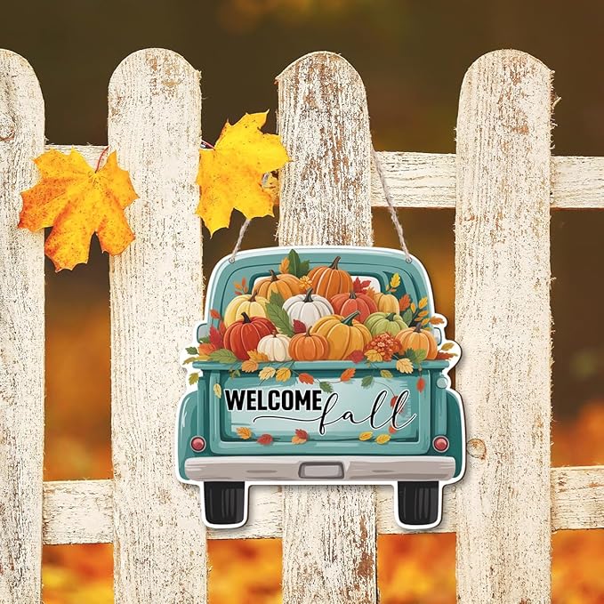 Rustic wooden fall truck sign by CozyNest Decor, autumn harvest themed decorative plaque for home interior or exterior decor.