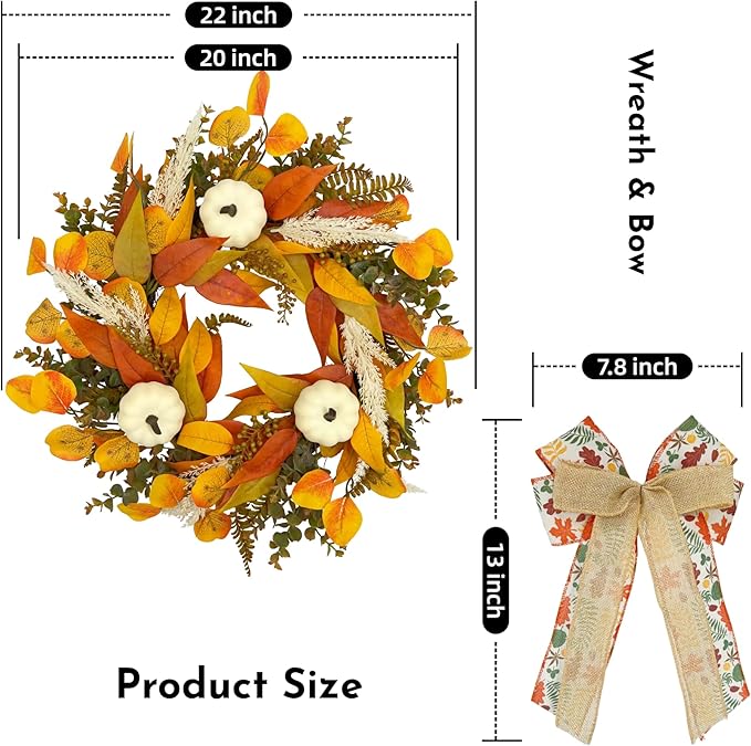 Rustic fall wreath with golden eucalyptus, white pumpkins, and wheat for front door decor, 20-22 inches, cozy farmhouse style.