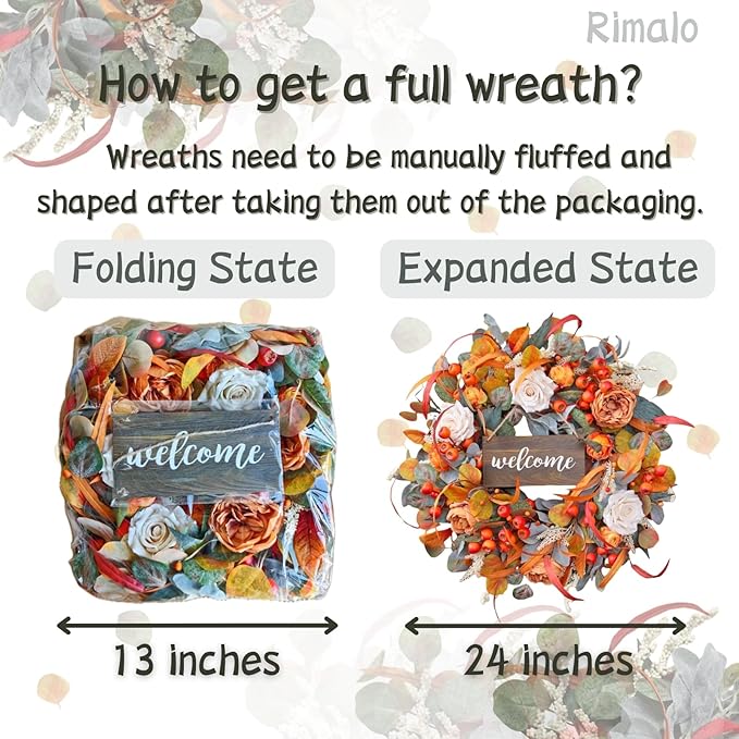 CozyNest Decor 24-inch fall wreath with lamb's ear leaves, roses, berries, and wooden sign for front door autumn decor