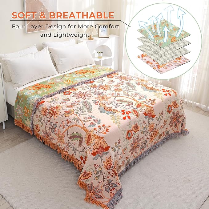 CozyNest Decor boho fall throw blanket with floral print in orange and sage green, 100% ultra cotton, for bed or couch, 90x98 inches.