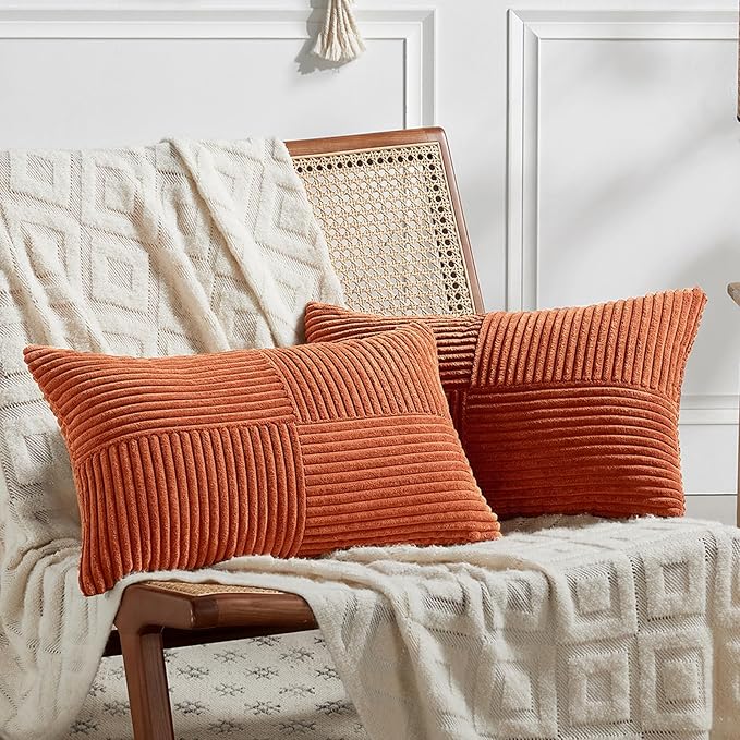 Set of 2 burnt orange lumbar throw pillow covers with corduroy texture, 12x24 inches, for living room or sofa decor.