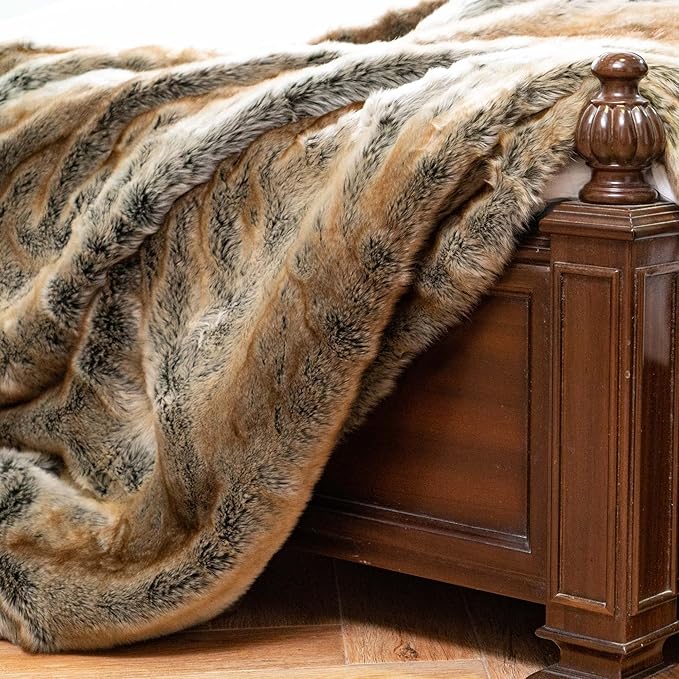 CozyNest Decor large brown faux fur throw blanket, 60x80 inches, super soft, fuzzy, warm, reversible to plush velvet for bed or couch.