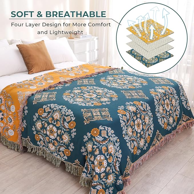 CozyNest Decor boho throw blanket for bed, 100% cotton, lightweight muslin with yellow floral print, 80"x90" breathable woven throw.