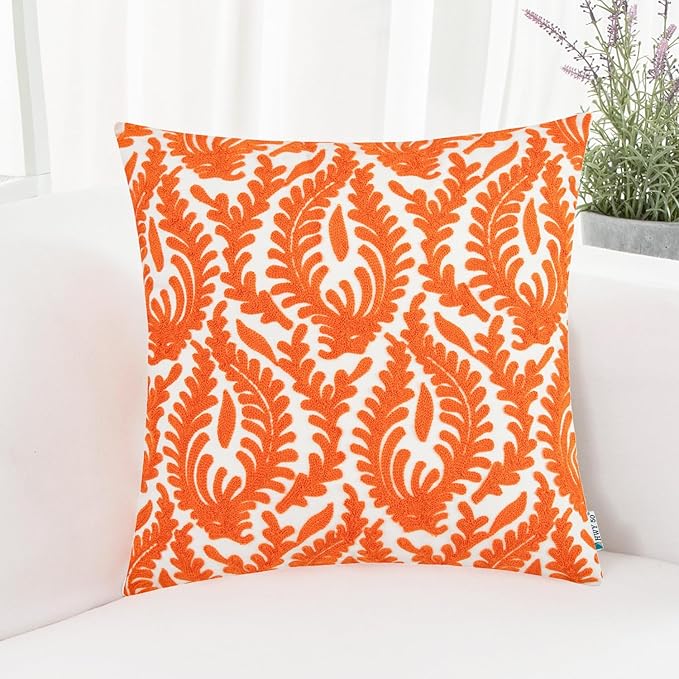 Orange fall-themed decorative throw pillow cover by CozyNest Decor, embroidered cotton with floral branches, 18x18 inch cushion cover
