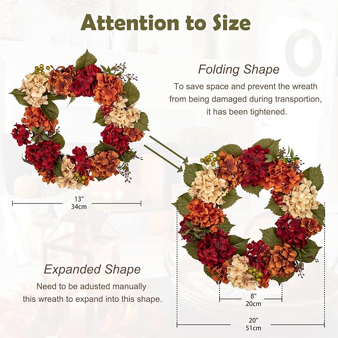 20-inch CozyNest Decor autumn wreath with hydrangeas, berries, and fall flowers, perfect for farmhouse door or wall decoration.