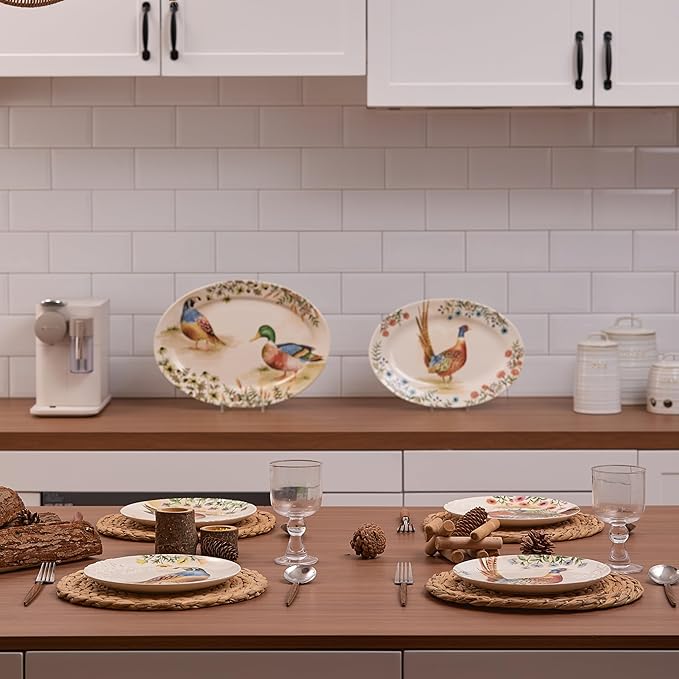 CozyNest Decor Bico Autumn Birds 16 and 14-inch oval platters set, microwave and dishwasher safe for serving fish, chicken, or turkey.