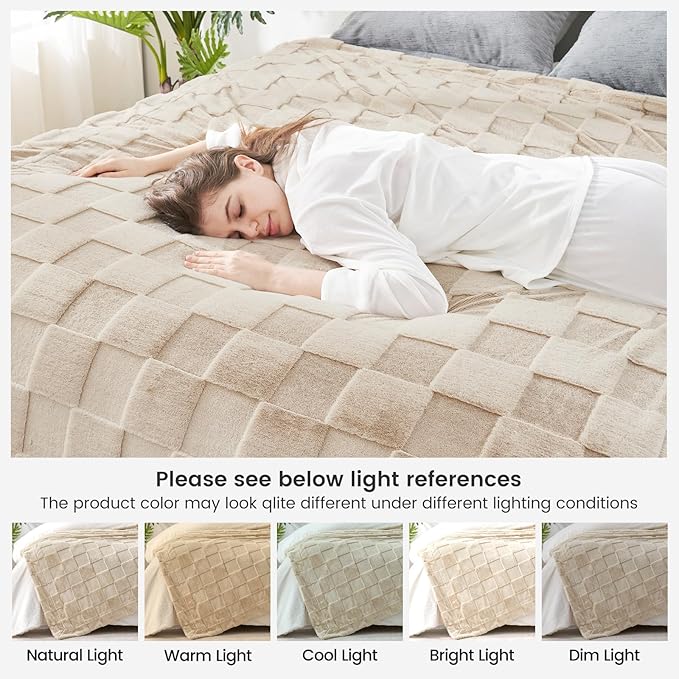 CozyNest Decor Cozy Bliss Tan checkered faux rabbit fur twin bed blanket, soft fuzzy minky throw for couch or bed, beige color.
