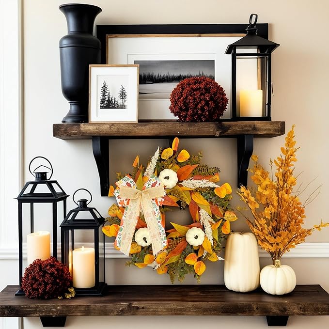 Rustic 20-22 inch fall wreath with golden eucalyptus, white pumpkins, and wheat, perfect for front door outdoor or indoor decor.