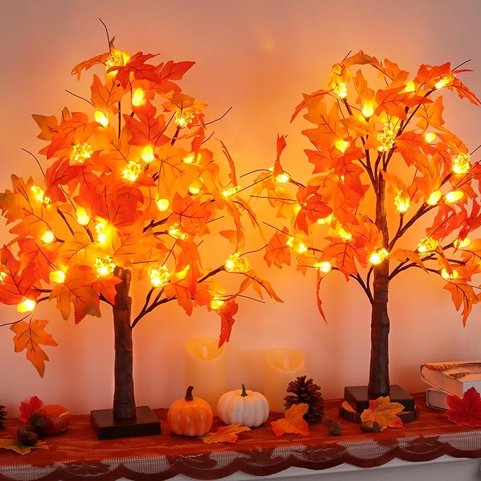 CozyNest Decor 2-pack 24-inch prelit fall maple trees with 48 LEDs, battery-operated, ideal for Thanksgiving and autumn home decor.