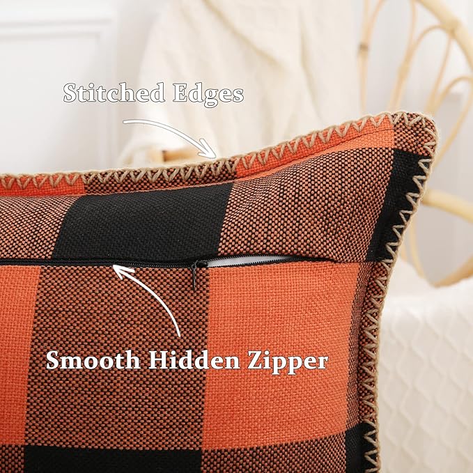 CozyNest Decor fall orange and black buffalo plaid throw pillow covers with stitched edges, 18x18 inches, farmhouse autumn decor.