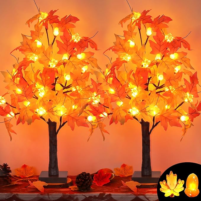 CozyNest Decor 2-pack 24-inch prelit artificial fall maple trees with 48 LEDs, battery-operated autumn harvest decor for home and table.