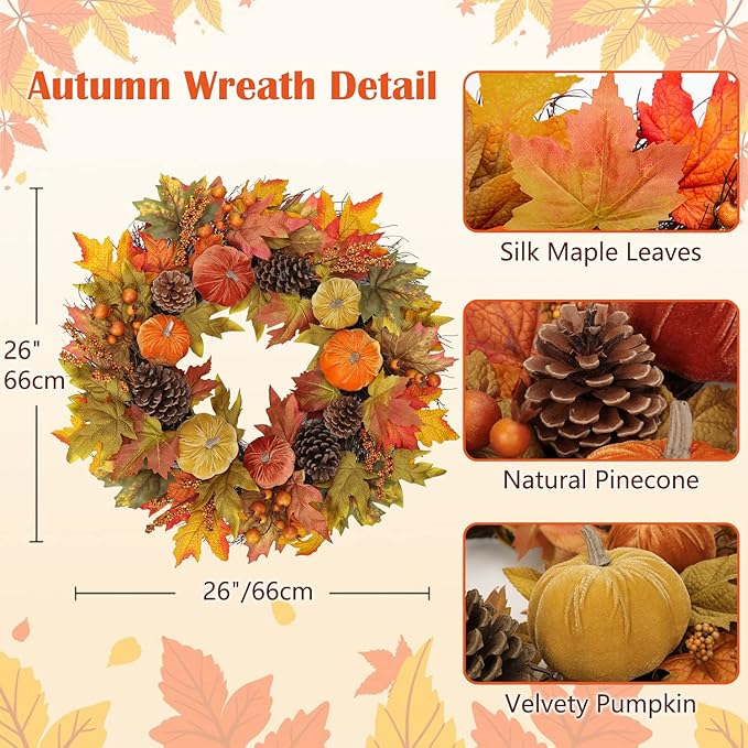CozyNest Decor fall wreath for front door featuring velvet pumpkins, harvest maple leaves, and a metal hook for autumn home decor.
