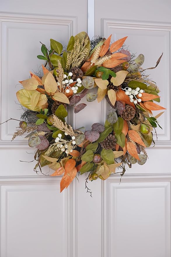 Handmade 24-inch fall wreath with artificial autumn leaves, pinecones, faux berries, and wheat for farmhouse door or wall decor