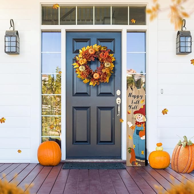 CozyNest Decor 24-inch artificial fall wreath with maple leaves, dahlias, pumpkins, berries, perfect for autumn harvest and holiday decor