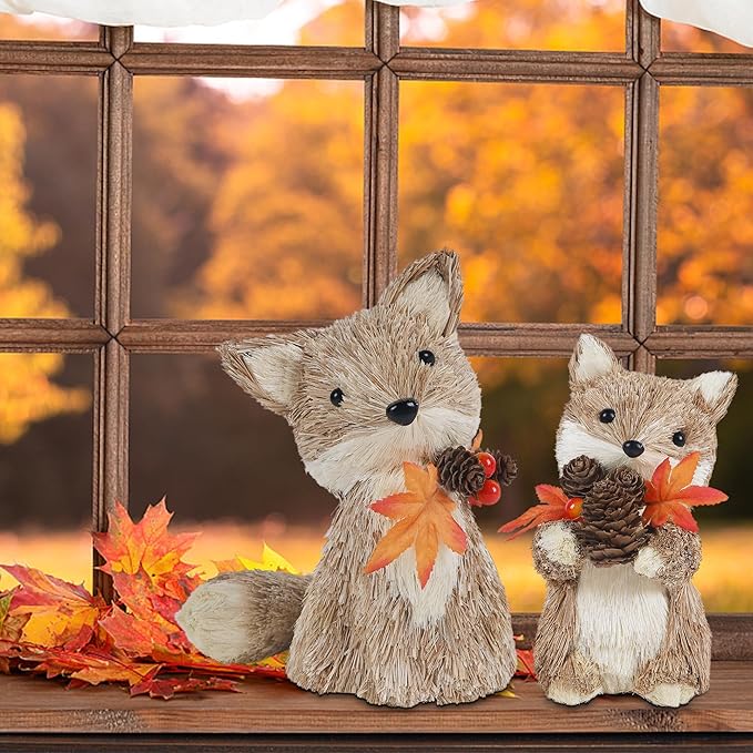 Set of two CozyNest Decor fall fox figurines, handmade sisal animals for Thanksgiving table centerpiece and autumn home decor.