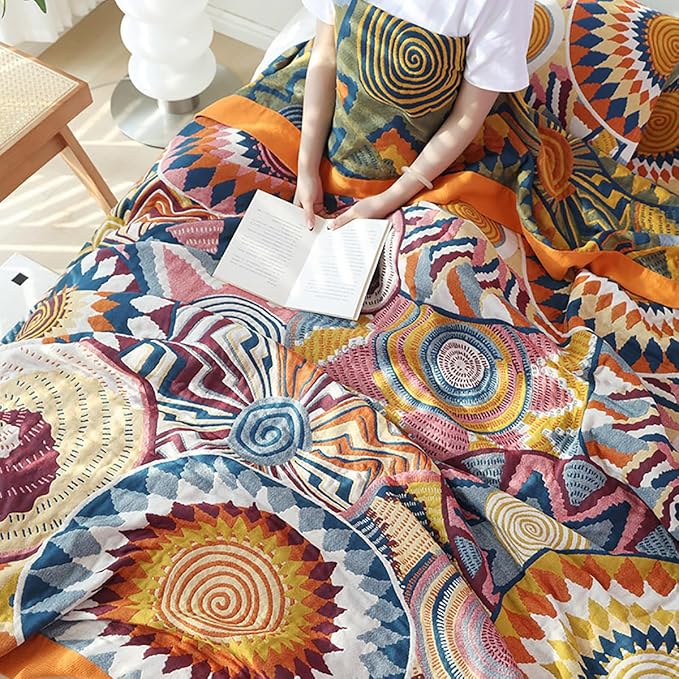 CozyNest Decor boho twin size muslin blanket with floral stars design, soft 4-layer cotton gauze for summer cooling on sofa or bed