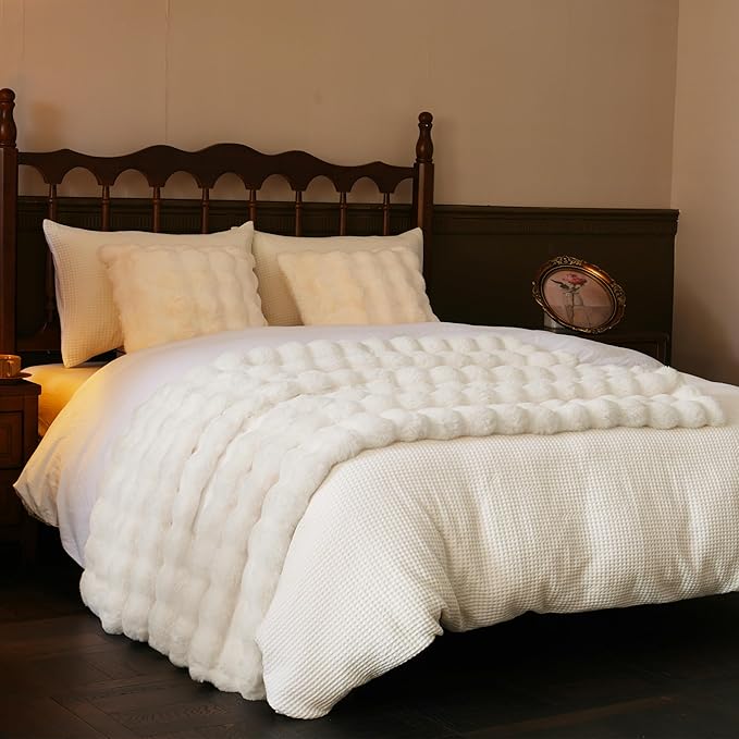 Cream white CozyNest Decor faux fur throw blanket for couch, thick and fluffy, soft bubble texture, 50"x60" home decor accessory