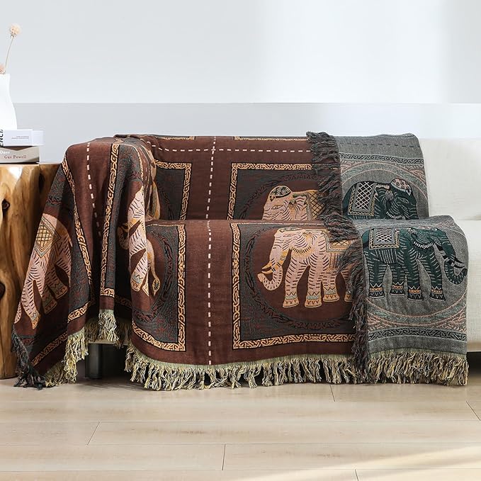 CozyNest Decor boho throw blanket for bed with tassels, 100% cotton, elephant print, large rustic blanket for sofa or bed, brown.