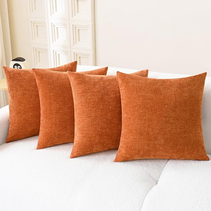 Set of four CozyNest Decor fall-themed 18x18 inch burnt orange chenille throw pillow covers for couch, sofa, or bed decor.