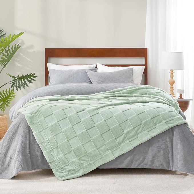 CozyNest Decor white checkered faux rabbit fur throw blanket with soft fuzzy minky texture, queen size for couch or bed.