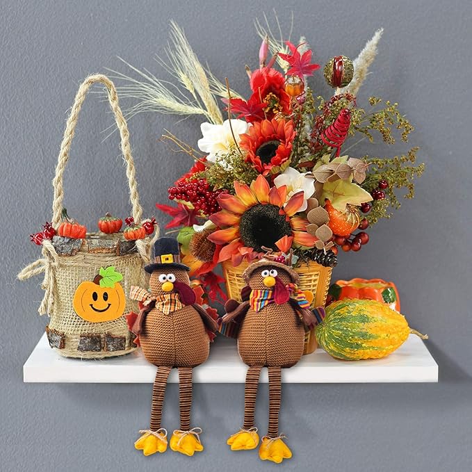CozyNest Decor Ogrmar 2 Pack Stuffed Turkey Couple Dolls for Thanksgiving, handcrafted autumn fall tabletop decor.