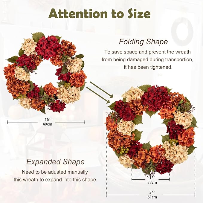 CozyNest Decor 24-inch fall wreath with hydrangeas, berries, and autumn flowers for front door or wall decoration.