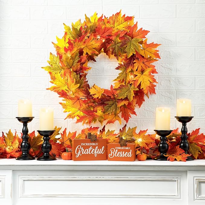CozyNest Decor 24-inch pre-lit fall wreath with lighted maple leaves, perfect for front door Thanksgiving Halloween Christmas decor.