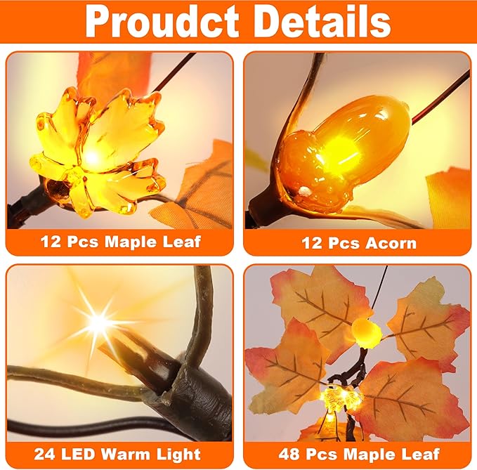 CozyNest Decor 24-inch prelit artificial fall maple trees with 48 LEDs, battery-operated, perfect for Thanksgiving and autumn decor.