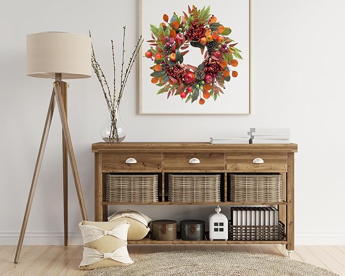 CozyNest Decor 22-inch fall chrysanthemum wreath with apples, pinecones, berries, eucalyptus, and maple leaves for autumn decor.