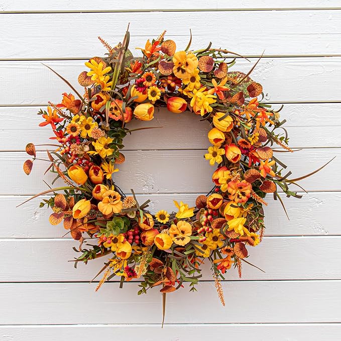 CozyNest Decor 22-inch fall wreath with orange tulips, wildflowers, and rustic autumn floral accents for front door or wall decor.