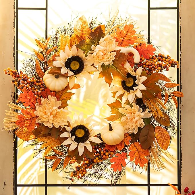 CozyNest Decor 20-inch fall wreath with maple leaves, white pumpkin, daisies, and sunflowers for front door or table autumn decor