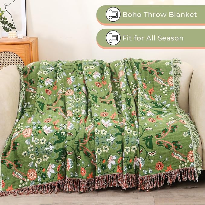 CozyNest Decor boho cotton throw blanket with floral and animal prints, large rustic quilt for king bed, sofa, or chair, all-season comfort