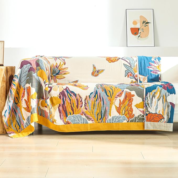 CozyNest Decor boho large cotton throw blanket with floral butterfly pattern, reversible sofa bed blanket for couch or travel use