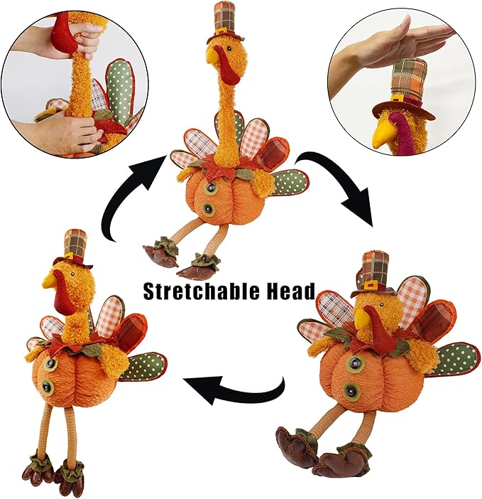CozyNest Decor plush turkey figurine with stretchable head, sitting design, perfect for fall indoor tabletop Thanksgiving decoration.