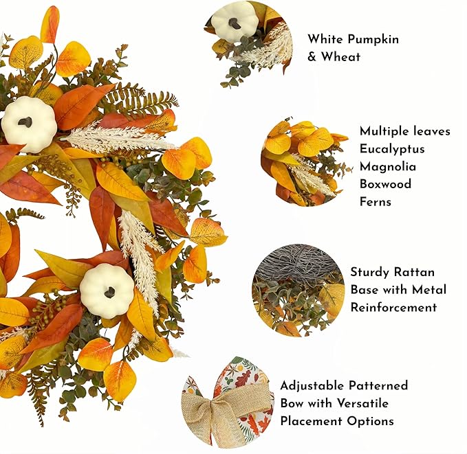 Rustic 20-22 inch fall wreath with golden eucalyptus, white pumpkins, and wheat for front door decor by CozyNest Decor