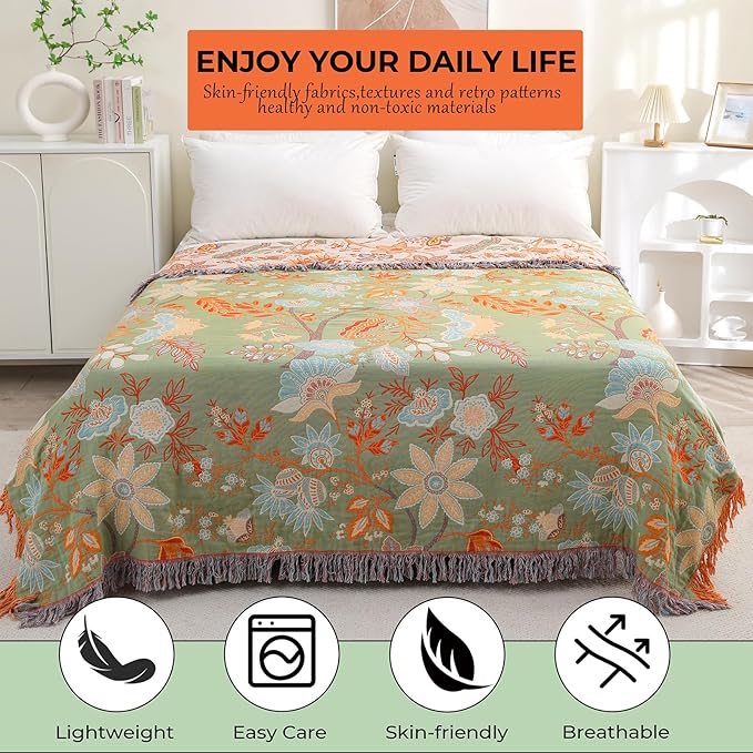 CozyNest Decor boho fall throw blanket for bed, 100% ultra cotton, floral print in orange and sage green on a bed and sofa.