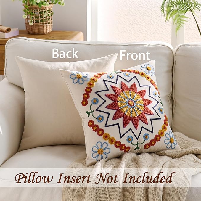 CozyNest Decor embroidered 20x20 orange fall boho floral throw pillow cover with textured fabric for sofa or bed decor.