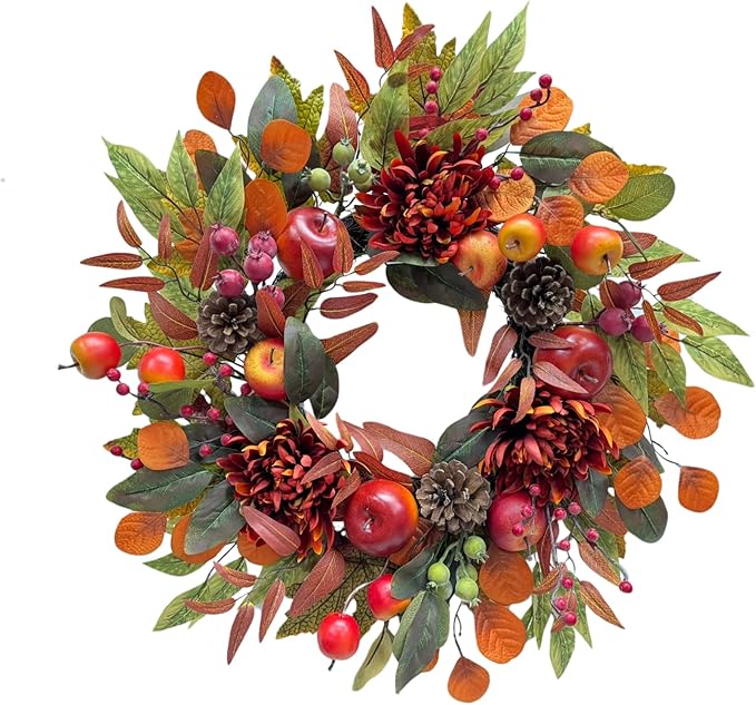 CozyNest Decor 22-inch fall chrysanthemum wreath with apples, pinecones, berries, eucalyptus, and maple leaves for autumn decor.