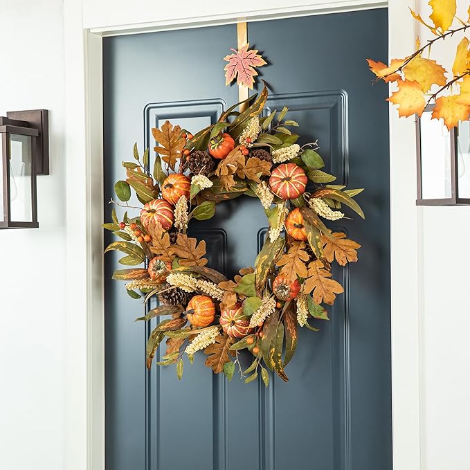CozyNest Decor 24-inch fall pumpkin leaf floral wreath with artificial autumn leaves and harvest accents for seasonal door decor