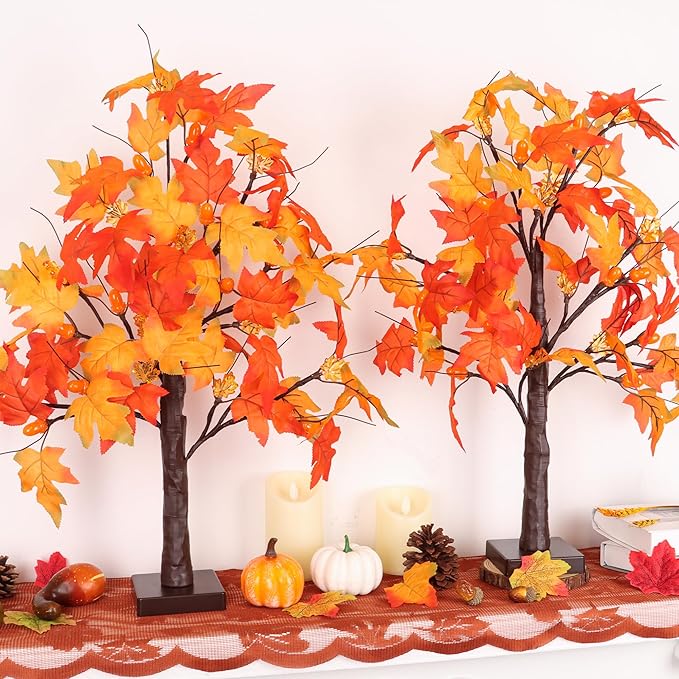 CozyNest Decor 2-pack 24-inch prelit artificial fall maple trees with LED lights, perfect for autumn home, table, or office decor.