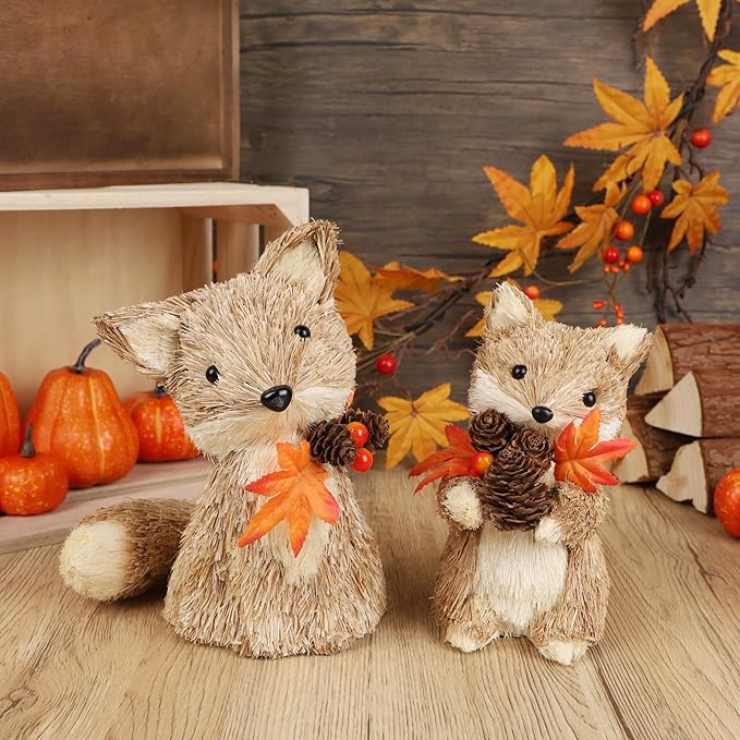 Set of two CozyNest Decor Fall fox figurines, handmade sisal ornaments for Thanksgiving, perfect for table centerpieces and autumn decor.