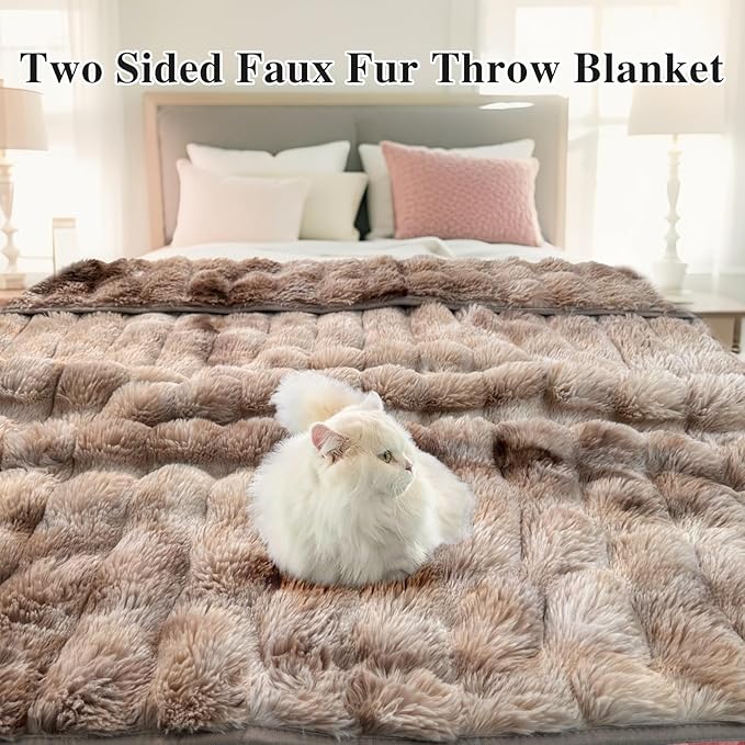 CozyNest Decor faux fur throw blanket with reversible ombre design, ultra-soft, fluffy, and thick for cozy couch or bed use.
