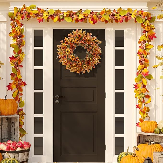 22 inch artificial fall wreath with eucalyptus leaves and chrysanthemums, perfect for front door autumn decor by CozyNest Decor.