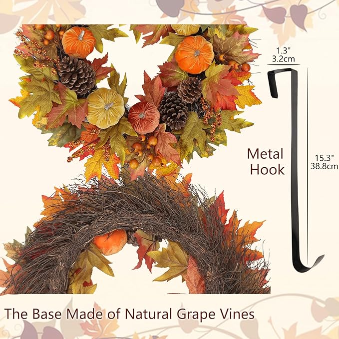 CozyNest Decor 26-inch autumn velvet pumpkin wreath with harvest maple leaves and metal hook for front door fall and Halloween decor