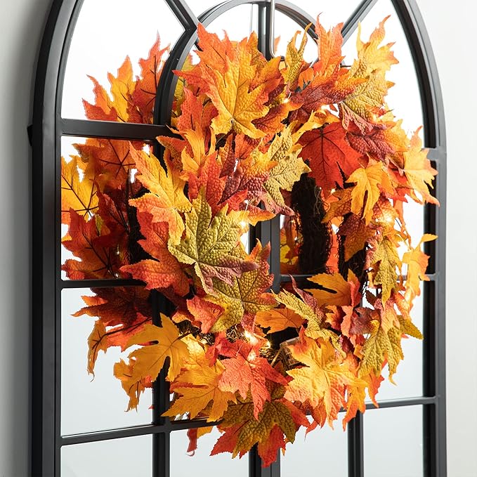 CozyNest Decor 24-inch pre-lit fall wreath with lighted maple leaves, perfect for front door autumn, Halloween, Thanksgiving, or Christmas.