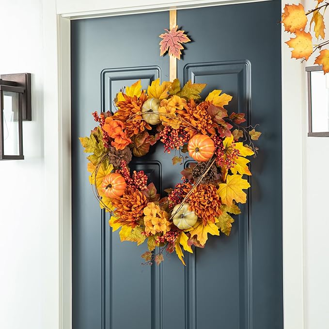CozyNest Decor 24-inch artificial fall wreath with autumn maple leaves, dahlias, pumpkins, berries, perfect for front door autumn decor