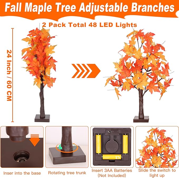 CozyNest Decor 2-pack 24-inch prelit fall maple trees with 48 LEDs, battery-operated autumn decor for indoor Thanksgiving and harvest displays.