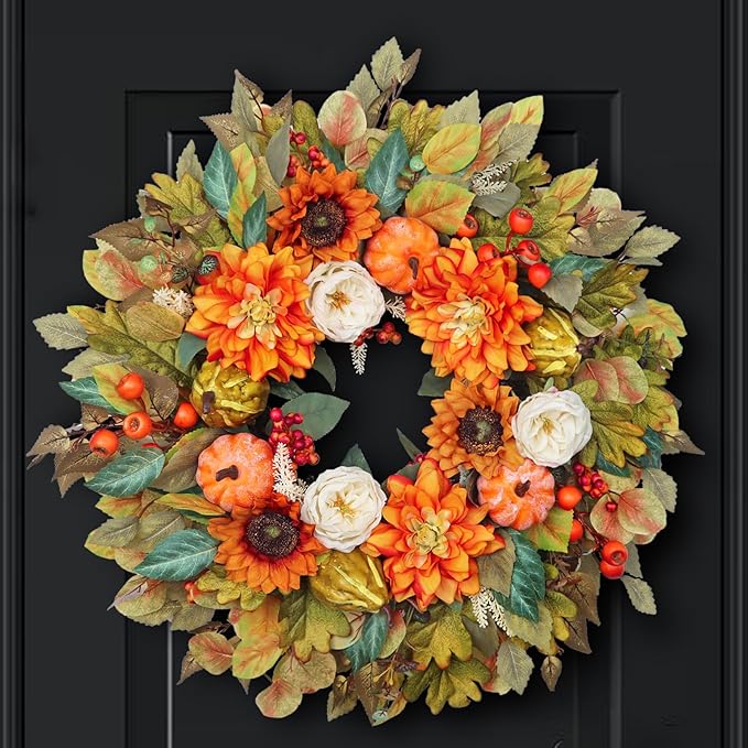 24-inch fall wreath with pumpkins, peonies, sunflowers, and dahlias from CozyNest Decor, perfect for front door autumn decor.